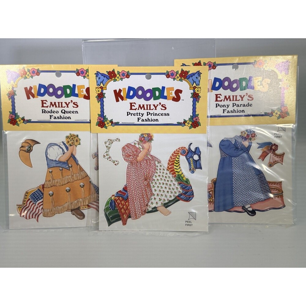 KIDOODLES Emily's Paper Dolls Static Vinyl Clings Lot of 3 Rodeo Princess Pony